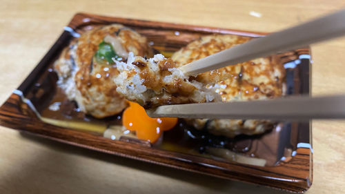 Close-up of breakfast served on table