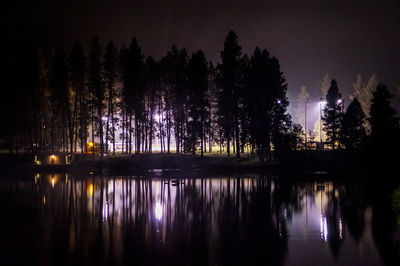 Silhouette trees by lake against sky at night