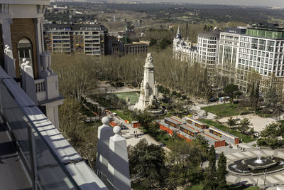 High angle view monument amidst buildings