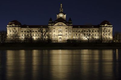 Reflection of building in water at night