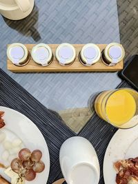 High angle view of breakfast on table