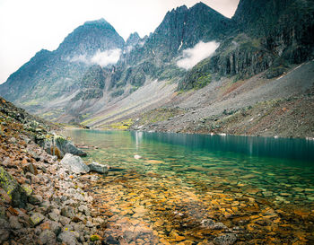 Scenic view of lake and mountains against sky