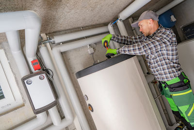 High angle view of man working in factory