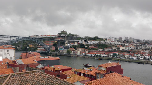 Buildings by river against sky in city