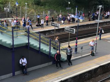 High angle view of people on steps