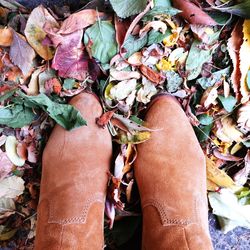 Low section of person wearing autumn leaves