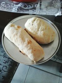 High angle view of bread in plate on table