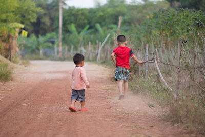 Rear view of boys walking on dirt road