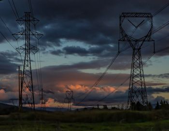 Low angle view of electricity pylon on field against sky