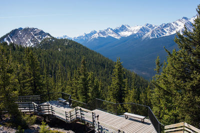 Wooden footpath with a beautiful view of rocky mountains. banff national park, alberta, canada