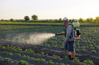 A worker with a sprayer works in the field. use of chemicals for protection of cultivated plants 