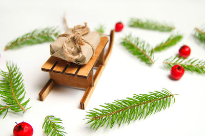 High angle view of christmas decorations on table