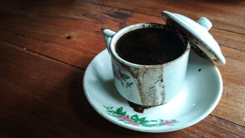 High angle view of coffee cup on table