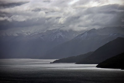 Scenic view of sea and mountains against cloudy sky