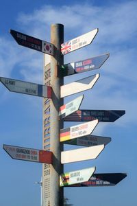 Low angle view of road sign against sky