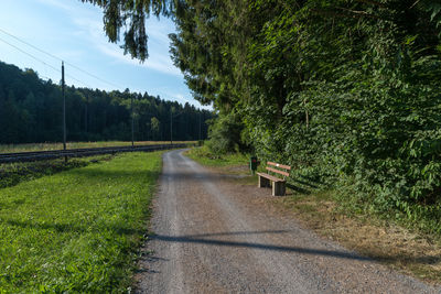 Road amidst trees and plants against sky