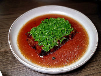 Close-up of soup in bowl on table