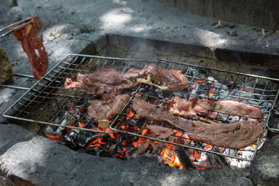 High angle view of barbecue grill