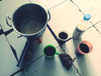 High angle view of coffee cup on table