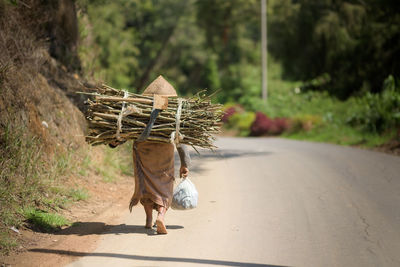 Rear view of man walking on road