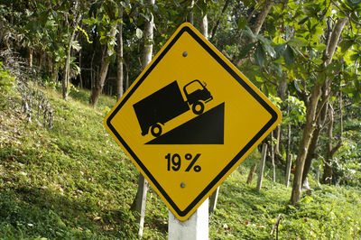 Close-up of road sign against trees