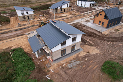 High angle view of street amidst buildings