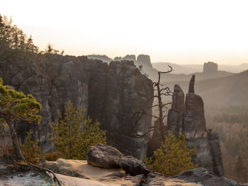 Rocks at kleiner zschand and mountain rock falkenstein seen from affensteine in saxon switzerland