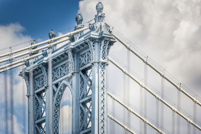 Low angle view of manhattan bridge against cloudy sky