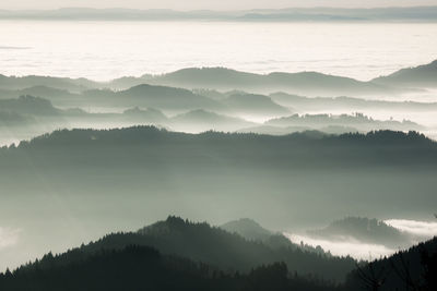 Scenic view of mountains against sky at sunset