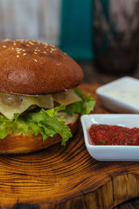Close-up of burger on table