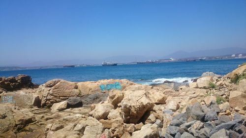 Scenic view of sea against clear blue sky