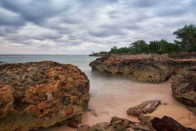 Scenic view of rocks and sea against sky