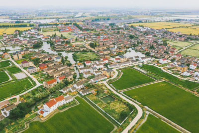 High angle view of buildings in city