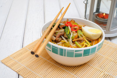 High angle view of food served in bowl