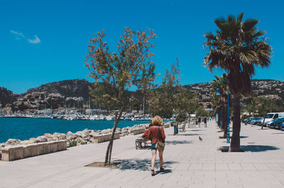 Rear view of woman walking on footpath at harbor