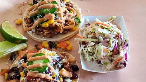 High angle view of meal served on table