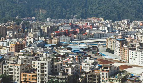 High angle view of buildings in city