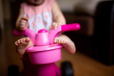 Close-up of girl holding pink flower