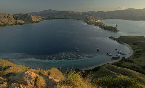 The view of komodo islands at sunset from the top.