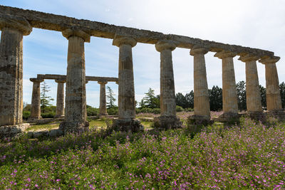 Ruins of architectural columns against sky