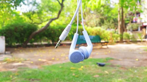 Close-up of swing hanging on tree