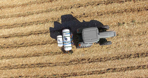 High angle view of shoes on field
