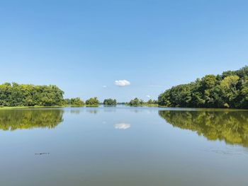 Scenic view of lake against clear blue sky