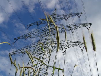 Low angle view of electricity pylon against sky