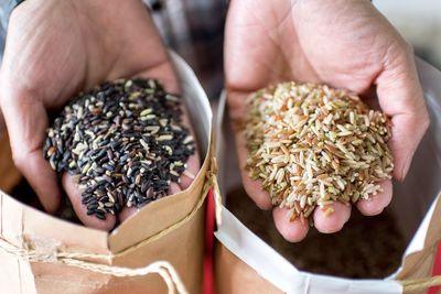 Cropped image of hand holding raw rice