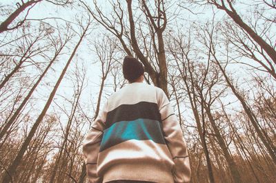 Rear view of man on bare tree against sky