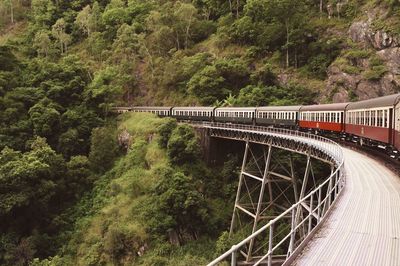 Train moving on railway bridge amidst mountains