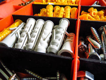 High angle view of various vegetables in crate at market stall
