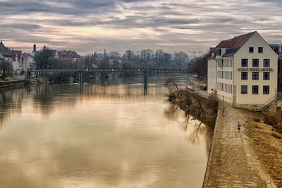 River amidst buildings against sky during sunset