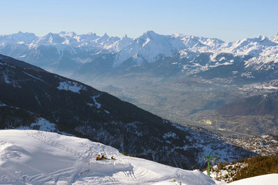 Scenic view of snowcapped mountains against sky